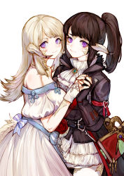 Rule 34 | 2girls, absurdres, armband, ascot, au ra, bare shoulders, black gloves, black hair, black jacket, blonde hair, blush, book, character name, closed mouth, commentary request, final fantasy, final fantasy xiv, fingerless gloves, frilled skirt, frills, gem, gloves, heart, highres, holding hands, horns, interlocked fingers, jacket, long hair, looking at viewer, multiple girls, parted lips, ponytail, puffy short sleeves, puffy sleeves, purple eyes, rosette (yankaixuan), short sleeves, simple background, skirt, smile, standing, white background, white gloves, white skirt