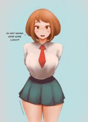 Rule 34 | 1girl, blush stickers, boku no hero academia, breasts, brown eyes, brown hair, english text, highres, large breasts, miniskirt, necktie, open mouth, paranoid.droid, school uniform, shirt, short hair, skirt, thick eyebrows, thighs, u.a. school uniform, uraraka ochako, white shirt, wide hips