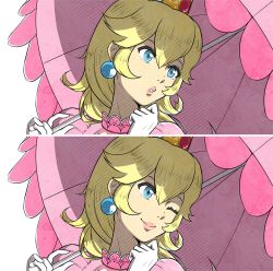 Rule 34 | 1girl, blonde hair, blue eyes, clenched hand, close-up, closed mouth, crown, dress, earrings, eyelashes, fire emblem, fire emblem fates, gloves, hands up, holding, holding umbrella, jewelry, lips, lithety, long hair, looking to the side, mario (series), multiple views, nintendo, nostrils, official style, one eye closed, over shoulder, parasol, parted lips, pink dress, pink lips, pink umbrella, princess peach, puffy short sleeves, puffy sleeves, shade, short sleeves, simple background, smile, super mario bros. 1, umbrella, upper body, white background, white gloves