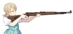 Rule 34 | 1girl, aiming, bad id, bad twitter id, blue dress, bolt action, brown eyes, dress, drill hair, earrings, expressionless, gun, holding, holding weapon, idolmaster, idolmaster cinderella girls, jewelry, light brown hair, mauser 98, medium hair, morikubo nono, profile, puffy short sleeves, puffy sleeves, rifle, ringlets, shirt, short sleeves, simple background, solo, stud earrings, uccow, upper body, weapon, white background, white shirt