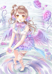 Rule 34 | 10s, 1girl, bare shoulders, barefoot, bow, brown hair, flower, frills, hair bow, headset, long hair, love live!, love live! school idol festival, love live! school idol project, minami kotori, petals, ribbon, ripples, side ponytail, skirt, smile, solo, villyane, water, wings, yellow eyes
