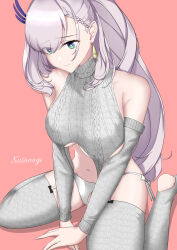Rule 34 | 1girl, absurdres, braid, braided bangs, breasts, feather hair ornament, feathers, hair ornament, highres, hololive, hololive indonesia, kusanagi id, large breasts, looking at viewer, meme attire, official alternate hair length, official alternate hairstyle, pavolia reine, self-upload, solo, sweater, virgin destroyer sweater, virtual youtuber, white sweater