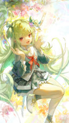 Rule 34 | 1girl, :d, absurdres, bow, chinese commentary, commentary, day, dolala, floating hair, floral background, foot out of frame, green bow, green hair, green jacket, green skirt, hair between eyes, hair bow, hands up, happy, highres, jacket, katana, knees together feet apart, long hair, long sleeves, looking at viewer, miniskirt, murasame (senren), official alternate costume, open hands, open mouth, outdoors, pink bow, red eyes, red ribbon, ribbon, sailor collar, school uniform, senren banka, serafuku, sidelighting, sidelocks, sitting, skirt, smile, solo, straight hair, sunlight, sword, tsurime, two side up, very long hair, weapon, white footwear, white sailor collar