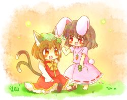 Rule 34 | 2girls, animal ears, bad id, bad pixiv id, bow, brown hair, carrot, cat ears, cat tail, chen, chibi, clover, dress, flower, four-leaf clover, gradient background, grass, hair flower, hair ornament, hand on own head, hat, inaba tewi, jewelry, long sleeves, mob cap, multiple girls, multiple tails, open mouth, orange background, outdoors, pendant, pink dress, rabbit ears, rabbit tail, red eyes, short hair, sitting, skirt, skirt set, tail, tanikake yoku, touhou