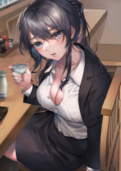 Rule 34 | 1girl, black hair, black jacket, black skirt, blouse, blue eyes, braid, breasts, cleavage, collarbone, collared shirt, cup, dress shirt, hair between eyes, highres, holding, jacket, large breasts, long hair, long sleeves, looking at viewer, miniskirt, open clothes, open jacket, open mouth, original, partially unbuttoned, pencil skirt, ponytail, sakazuki, shinima, shirt, sitting, skirt, solo, white shirt, wing collar