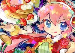 Rule 34 | 1girl, ahoge, blue eyes, blush, bracelet, coat, commentary, cookie, doradorakingyo, earmuffs, food, fruit, fur-trimmed coat, fur trim, green shirt, hair between eyes, jewelry, licking lips, long hair, looking at viewer, macaron, nasos (puyopuyo), outstretched arm, pancake, pink hair, plate, puyopuyo, puyopuyo quest, red coat, shirt, snowflakes, solo, star-shaped cookie, star-shaped food, star (symbol), strawberry, symbol-only commentary, tongue, tongue out, twintails, twitter username, yellow bracelet