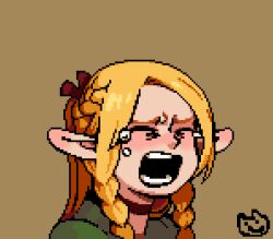 Rule 34 | 1girl, 3h1nu, blonde hair, braid, brown background, choker, closed eyes, crying, dungeon meshi, elf, facing viewer, french braid, furrowed brow, hair around ear, half updo, long hair, lowres, marcille donato, multiple braids, open mouth, parted hair, pixel art, pointy ears, portrait, scene reference, side braids, simple background, solo, tantrum