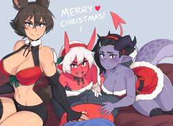 Rule 34 | 1boy, 3girls, artist name, bare shoulders, breasts, collarbone, colored skin, commentary, demon girl, demon horns, demon tail, dress, english commentary, fingerless gloves, gloves, hair between eyes, highres, horns, large breasts, li (rob ishi), looking at viewer, merry christmas, multiple girls, nelu (rob ishi), original, pants, pointy ears, rae (rob ishi), red skin, rob ishi, santa dress, short hair, smile, tail, thighhighs, white hair