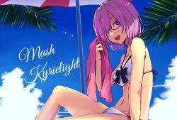 Rule 34 | 1girl, alternate costume, beach umbrella, bikini, blue sky, bow, bow bikini, breasts, cloud, day, fate/grand order, fate (series), glasses, greatpengh, hair over one eye, highres, holding, holding towel, looking at viewer, mash kyrielight, navel, open mouth, outdoors, purple eyes, purple hair, short hair, sky, smile, solo, swimsuit, towel, umbrella, water drop, white bikini