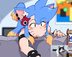 Rule 34 | 1girl, animal ears, blonde hair, blue hair, blurry, blurry background, cat, cat ears, cat girl, fang, highres, long hair, multicolored hair, orange nails, original, photo-referenced, reference inset, scott malin, shadow, side ponytail, solo, stray (scott malin), two-tone hair, upper body, whiskers