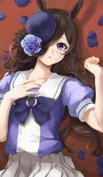 Rule 34 | 1girl, bad id, bad pixiv id, black bow, black hair, blue eyes, blue flower, blue hat, blue rose, bow, collarbone, commentary request, flower, hair over one eye, hands up, hat, hat flower, highres, long hair, looking at viewer, lying, on back, petals, pleated skirt, puffy short sleeves, puffy sleeves, purple shirt, rice shower (umamusume), rose, school uniform, shirt, short sleeves, skirt, solo, taino kou, tilted headwear, tracen school uniform, umamusume, very long hair, white skirt