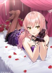 Rule 34 | 1girl, bed sheet, black gloves, black pantyhose, dress, feet up, flower, gloves, half updo, highres, idolmaster, idolmaster cinderella girls, indoors, interlocked fingers, jougasaki mika, lace, lace-trimmed dress, lace trim, long hair, looking at viewer, lying, no shoes, on stomach, own hands together, pantyhose, petals, pink hair, purple dress, red flower, red rose, rose, rose petals, solo, takeko spla, tattoo, tattoo on neck, wavy hair, yellow eyes
