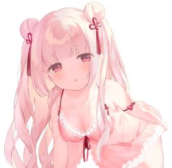 Rule 34 | 1girl, bare shoulders, blunt bangs, blush, bow, bra, breasts, cleavage, collarbone, commission, double bun, hair bun, hair ornament, indie virtual youtuber, kitutuki renge, lace trim, leaning forward, lingerie, long hair, looking at viewer, medium breasts, open mouth, panties, parted lips, pink bra, pink hair, pink panties, red eyes, red ribbon, ribbon, see-through, simple background, skeb commission, solo, underwear, usanta, very long hair, white background