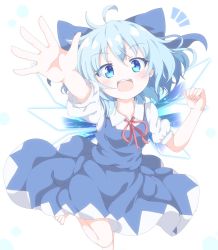 Rule 34 | 1girl, :d, ahoge, barefoot, blue bow, blue dress, blue eyes, blue hair, bow, cirno, collared shirt, do (4-rt), dress, hair bow, highres, looking at viewer, open mouth, pinafore dress, shirt, short hair, short sleeves, simple background, sleeveless dress, smile, solo, touhou, white background, white shirt