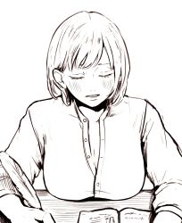 Rule 34 | 1girl, book, breast rest, breasts, breasts on table, closed eyes, dungeon meshi, eyelashes, facing viewer, falin touden, falin touden (tallman), hair behind ear, highres, large breasts, long sleeves, monochrome, open book, partially unbuttoned, pov across table, quill, r06ku, short hair, simple background, sketch, solo, upper body, writing