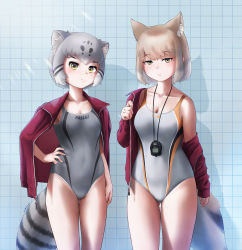 Rule 34 | 2girls, animal ear fluff, animal ears, arm at side, beleven, black hair, breasts, brown hair, cat ears, cat girl, cat tail, cleavage, closed mouth, collarbone, colored inner hair, competition swimsuit, expressionless, extra ears, fox ears, fox girl, fox tail, full-length zipper, gluteal fold, grey hair, groin, hand on own hip, hand up, highres, jacket, jacket on shoulders, kemono friends, light brown hair, long sleeves, looking at viewer, medium breasts, medium hair, multicolored hair, multiple girls, off shoulder, one-piece swimsuit, open clothes, open jacket, paid reward available, pallas&#039;s cat (kemono friends), parted bangs, side-by-side, sidelocks, small breasts, spotted hair, stopwatch, stopwatch around neck, striped tail, swimsuit, tail, thigh gap, tibetan fox (kemono friends), tile wall, tiles, track jacket, tsurime, undressing, unzipped, watch, white hair, yellow eyes, zipper, zipper pull tab