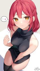 Rule 34 | 1girl, breasts, covered erect nipples, highres, looking at viewer, medium breasts, meme attire, original, ramchi, red hair, sister-in-law-chan (ramchi), solo, sweater, turtleneck, turtleneck sweater, virgin killer sweater, yellow eyes