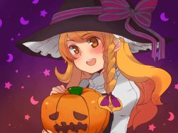 Rule 34 | :d, black hat, blonde hair, blush, bow, braid, crescent moon, gradient background, hair bow, hat, hat bow, hat ribbon, holding, hovering kousin, jack-o&#039;-lantern, kirisame marisa, looking at viewer, moon, open mouth, pumpkin, purple background, ribbon, smile, solo, star (symbol), starry background, touhou, witch hat, yellow eyes