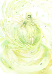 Rule 34 | 1girl, absurdres, barefoot, dress, fish, full body, ghost, green dress, green eyes, green hair, green theme, highres, looking at viewer, matching hair/eyes, mr. j.w, original, puffy short sleeves, puffy sleeves, short sleeves, sitting, smile, solo