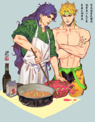 Rule 34 | 2boys, apron, bad id, bad tumblr id, blonde hair, bottle, carton, chinese text, cooking, crossed arms, dated, diavolo, dio brando, earrings, headband, horns, jewelry, jojo no kimyou na bouken, kars (jojo), krabat, long hair, male focus, manly, multiple boys, pot, purple hair, red eyes, signature, simple background, sleeves rolled up, spoon, translation request
