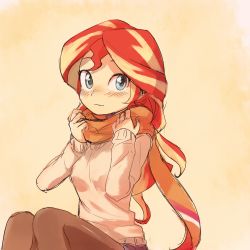 Rule 34 | 1girl, baekgup, blue eyes, long hair, looking at viewer, multicolored hair, my little pony, my little pony: equestria girls, my little pony: friendship is magic, pantyhose, personification, red hair, scarf, simple background, solo, streaked hair, sunset shimmer, sweater