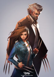 Rule 34 | absurdres, beard, brown hair, chanon suasungnern, claw (weapon), denim, denim jacket, facial hair, father and daughter, formal, grey hair, highres, jacket, laura kinney, logan (movie), long hair, manly, marvel, mutant, old, old man, suit, unbuttoned, unbuttoned shirt, weapon, wolverine (x-men), x-23, x-men