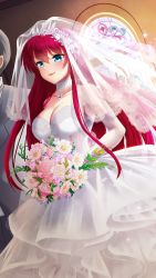 Rule 34 | 1boy, 1girl, blue eyes, blush, bouquet, breasts, bridal veil, choker, church, cleavage, closed mouth, collarbone, doukyuusei 2, doukyuusei another world, dress, elbow gloves, flower, game cg, gloves, grey jacket, hair between eyes, holding, holding bouquet, indoors, jacket, large breasts, layered dress, long dress, long hair, minamikawa youko, official art, pink flower, red hair, sleeveless, sleeveless dress, smile, solo focus, strapless, strapless dress, veil, very long hair, wedding, wedding dress, white choker, white dress, white flower, white gloves