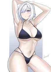 Rule 34 | 1girl, alternate hair length, alternate hairstyle, aori sora, armpits, arms up, bare arms, bare shoulders, bikini, black bikini, blue eyes, blush, breasts, commentary, genshin impact, hair over one eye, highres, large breasts, looking at viewer, navel, shenhe (genshin impact), short hair, solo, stomach, swimsuit, thighs, white hair