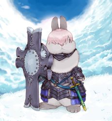Rule 34 | animal, animal focus, animalization, armor, blue sky, rabbit, clothed animal, cloud, cloudy sky, commentary request, cosplay, day, fate/grand order, fate (series), faulds, full body, gorget, grass, hair over one eye, holding, holding shield, lilac (p-f easy), looking at viewer, mash kyrielight, no humans, o-ring, one eye covered, purple eyes, purple hair, sheath, sheathed, shield, shielder (fate/grand order) (cosplay), short hair, sky, solo, standing, sword, vambraces, weapon