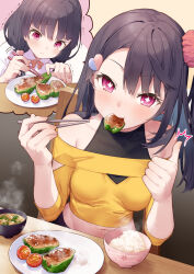 +_+ 1girl ^^^ bare_shoulders before_and_after black_hair bowl breasts chopsticks closed_mouth commentary_request crop_top eating food_in_mouth food_request groin hair_ornament hair_scrunchie holding holding_chopsticks long_hair medium_breasts midriff mouth_hold munakata_hinano navel off-shoulder_shirt off_shoulder one_side_up original plate purple_eyes red_scrunchie rice rice_bowl scrunchie shirt steam tears thumbs_up tokuno_yuika trembling wavy_mouth yellow_shirt