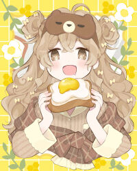 Rule 34 | 1girl, blush, bow, bread, bread slice, brown eyes, cropped torso, double bun, eating, egg, eyewear on head, fangs, flower, food, fried egg, fried egg on toast, hair bow, hair bun, highres, holding, holding food, long hair, long sleeves, open mouth, original, plaid, shamo3, sleep mask, solo, toast, two side up