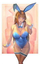 Rule 34 | 1girl, animal ears, bare shoulders, blue bow, blue bowtie, blue leotard, border, bow, bowtie, breasts, brown hair, contrapposto, cowboy shot, fake animal ears, highres, homare (fool&#039;s art), large breasts, leotard, long hair, looking at viewer, original, pantyhose, pink background, playboy bunny, purple eyes, rabbit ears, thighband pantyhose, thighhighs, tongue, tongue out, white border, wrist cuffs