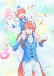 Rule 34 | 2boys, animal ears, rabbit ears, cape, carrying, eliwood (fire emblem), closed eyes, father and son, fire emblem, fire emblem: the blazing blade, fire emblem heroes, highres, male focus, multiple boys, nintendo, piggyback, red hair, roy (fire emblem), short hair, smile, aged down