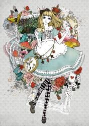 Rule 34 | ace (playing card), ace of hearts, ace of spades, alice (alice in wonderland), alice in wonderland, blue dress, blue eyes, bow, brown hair, bug, butterfly, card, caterpillar (alice in wonderland), cheshire cat (alice in wonderland), crack, cracked glass, crown, cup, dress, flower, hat, heart, hiwako (liquid), hookah, insect, jewelry, long hair, mary janes, monarch butterfly, mushroom, necklace, open mouth, pale skin, pantyhose, pearl necklace, picture frame, playing card, pocket watch, red flower, red rose, rose, shoes, spade (shape), teacup, teapot, top hat, tulip, watch