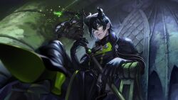 Rule 34 | 1boy, black footwear, black gloves, black hair, boots, crossed legs, from below, game cg, gloves, green eyes, high heel boots, high heels, highres, holding, holding staff, horns, indoors, looking at viewer, malleus draconia, official art, pointy ears, short hair, sitting, solo, staff, throne, twisted wonderland