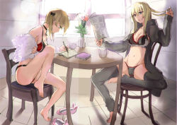 Rule 34 | 10s, 2girls, adapted costume, alternate costume, armadillo-tokage, ass, backlighting, bare legs, barefoot, bismarck (kancolle), black bra, black jacket, black legwear, black panties, black ribbon, blonde hair, blue eyes, bra, breasts, chair, cleavage, coffee mug, collarbone, cup, day, flower, frilled bra, frills, full body, fur, hair ribbon, hand in own hair, indoors, jacket, kantai collection, kitchen, long hair, medium breasts, midriff, mug, multiple girls, navel, newspaper, no headwear, open clothes, open jacket, open shirt, panties, parted lips, pencil, plant, prinz eugen (kancolle), profile, reading, red panties, ribbon, shawl, shirt, sitting, slippers, unworn slippers, spread legs, stomach, strap gap, sunlight, table, teacup, thighhighs, tile floor, tiles, toeless legwear, toes, tulip, twintails, underwear, underwear only, vase, writing