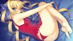 Rule 34 | 1girl, ass, babydoll, barefoot, bed sheet, blonde hair, blue eyes, blush, breasts, camisole, drill hair, eve elain austin, feet, fetal position, frilled panties, frills, game cg, hair ribbon, highres, hugging own legs, koiken otome, legs, lingerie, long hair, long legs, nipples, open mouth, panties, plantar flexion, red panties, ribbon, see-through, soles, solo, tateha (marvelous grace), thong, toes, twin drills, twintails, underwear, underwear only