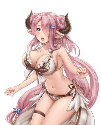 Rule 34 | 10s, 1girl, bikini, blue eyes, blush, breasts, butterfly earrings, cleavage, draph, earrings, granblue fantasy, hair ornament, hair over one eye, horns, jewelry, large breasts, long hair, looking at viewer, narmaya (granblue fantasy), narmaya (summer) (granblue fantasy), navel, nhaliz, open mouth, pink hair, pointy ears, simple background, solo, swimsuit, very long hair, white background, white bikini
