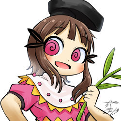 Rule 34 | 1girl, @ @, black hat, brown hair, chamaji, commentary, hat, holding, holding plant, looking at viewer, lowres, myouga (plant), nishida satono, open mouth, plant, profile picture, short hair, short hair with long locks, short sleeves, signature, smile, solo, tate eboshi, touhou, upper body, white background