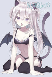 Rule 34 | 1girl, animal ears, arm support, artist name, bare arms, bare shoulders, black bra, black panties, black thighhighs, black wings, bow, bow bra, bra, breasts, capriccio, cat ears, cat girl, cat tail, chestnut mouth, collarbone, commentary request, demon girl, demon wings, fangs, grey background, grey hair, hair between eyes, leaning forward, long hair, looking at viewer, navel, no shoes, open mouth, original, panties, purple eyes, side-tie panties, sidelocks, simple background, sitting, small breasts, solo, strap slip, tail, tail raised, thighhighs, two side up, underwear, underwear only, very long hair, wariza, wings