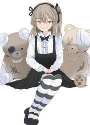Rule 34 | 1girl, bandages, boko (girls und panzer), bow, bowtie, brown eyes, bruise, dress, girls und panzer, hair ribbon, injury, light brown hair, long hair, long sleeves, mary janes, nekuro, ribbon, scar, shimada arisu, shoes, side ponytail, simple background, sitting, smile, solo, stitches, striped clothes, striped thighhighs, stuffed animal, stuffed toy, thighhighs, white background