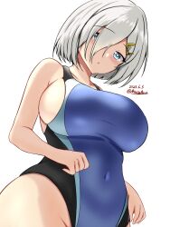 Rule 34 | 1girl, black one-piece swimsuit, blue eyes, blue one-piece swimsuit, blush, breasts, competition swimsuit, covered navel, cowboy shot, dated, grey hair, hair between eyes, hair ornament, hair over one eye, hairclip, hamakaze (kancolle), highleg, highleg swimsuit, highres, impossible clothes, impossible swimsuit, kantai collection, large breasts, looking at viewer, montemasa, one-hour drawing challenge, one-piece swimsuit, open mouth, short hair, simple background, solo, swimsuit, twitter username, two-tone swimsuit, white background