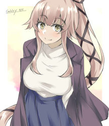 Rule 34 | 1girl, arms behind back, artist name, blue sky, coat, coat on shoulders, commentary request, gakky, grey coat, hair flaps, hair ribbon, kantai collection, leaning forward, long hair, official alternate costume, one-hour drawing challenge, pink hair, ponytail, ribbon, sky, smile, solo, sweater, very long hair, white sweater, yura (kancolle)
