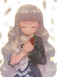 Rule 34 | 1girl, blush, bow, braid, character request, closed mouth, diamond earrings, earrings, closed eyes, facing viewer, grey hair, highres, jewelry, long hair, long sleeves, monosenbei, pretty series, pripara, puffy short sleeves, puffy sleeves, red bow, short sleeves, smile, solo, very long hair