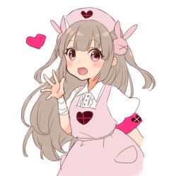 Rule 34 | &gt; &lt;, 1girl, :d, apron, armband, bandaged arm, bandages, blush, brown hair, collared shirt, fang, hair between eyes, hair ornament, hand up, hat, heart, long hair, natori sana, nuno (pppompon), nurse cap, open mouth, pink apron, pink hat, puffy short sleeves, puffy sleeves, rabbit hair ornament, sana channel, shirt, short sleeves, simple background, smile, solo, two side up, very long hair, virtual youtuber, white shirt