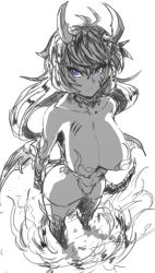 Rule 34 | 1girl, bare shoulders, breasts, cleavage, demon girl, demon tail, greyscale, horns, huge breasts, looking at viewer, low wings, mason 69, monochrome, purple eyes, serious, simple background, solo, tail, thighs, white background, wings