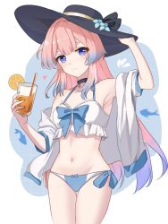 Rule 34 | 1girl, arm up, armpits, bare shoulders, bikini, black choker, black headwear, blue bow, blue hair, bow, breasts, choker, commentary, cowboy shot, cup, drinking glass, drinking straw, food, fruit, genshin impact, gradient hair, hand up, highres, holding, holding cup, jacket, lemon, lemon slice, long hair, looking at viewer, multicolored hair, navel, off shoulder, open clothes, open jacket, pink hair, purple eyes, sangonomiya kokomi, short sleeves, small breasts, smile, solo, standing, stomach, swimsuit, thighs, very long hair, white background, white bikini, white jacket, zerosama (sailuojiang)