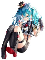 Rule 34 | 1girl, absurdres, black footwear, black gloves, black hat, black shorts, blue eyes, blue hair, boots, bow, chain, collared shirt, crop top, earrings, frilled shirt, frills, gloves, hair bow, hands up, hat, hatsune miku, highres, holding, jewelry, knees up, long hair, looking at viewer, mask, midriff, navel, shirt, short shorts, shorts, simple background, single glove, single leg pantyhose, sinobi illust, solo, striped clothes, striped shirt, suspenders, thigh strap, thighs, top hat, twintails, unworn mask, vocaloid, white background