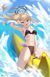 Rule 34 | 1girl, absurdres, armpits, banana boat, bikini, black bikini, blonde hair, blue archive, blue eyes, blue sky, breasts, day, elanphant, halo, highres, large breasts, long hair, looking at viewer, navel, ocean, open mouth, riding, sky, solo, stomach, swimsuit, toki (blue archive), v over eye, wrist cuffs
