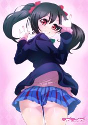 Rule 34 | 10s, 1girl, \m/, ass, black hair, blazer, cardigan, copyright name, double \m/, gluteal fold, grin, jacket, long hair, love live!, love live! school idol project, no panties, red eyes, school uniform, shift (waage), skirt, smile, solo, twintails, yazawa nico